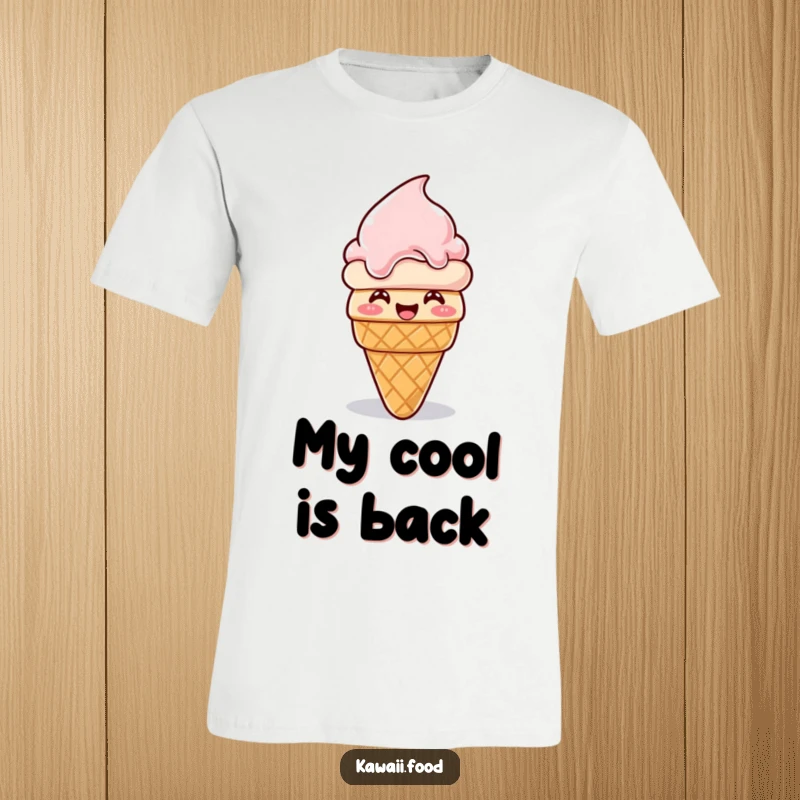 Funny ice cream cone t-shirt, giggling and melting then reforming, a whimsical and humorous character enjoying a sweet, funny moment.