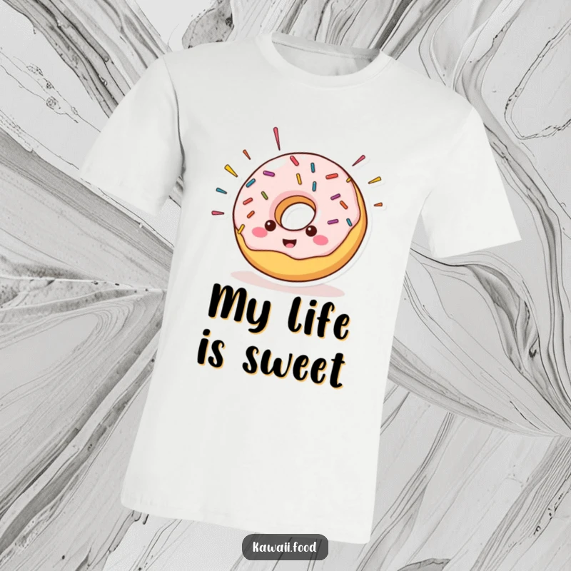 Cheerful donut character with sprinkles flying off its sides, embodying pure joy and sweet humor on this comfortable tee.