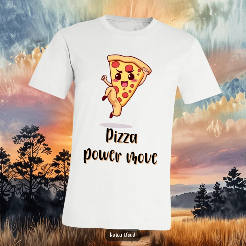 Funny T-Shirt: Dynamic design of a pizza slice performing a powerful high kick, full of energy and humor.