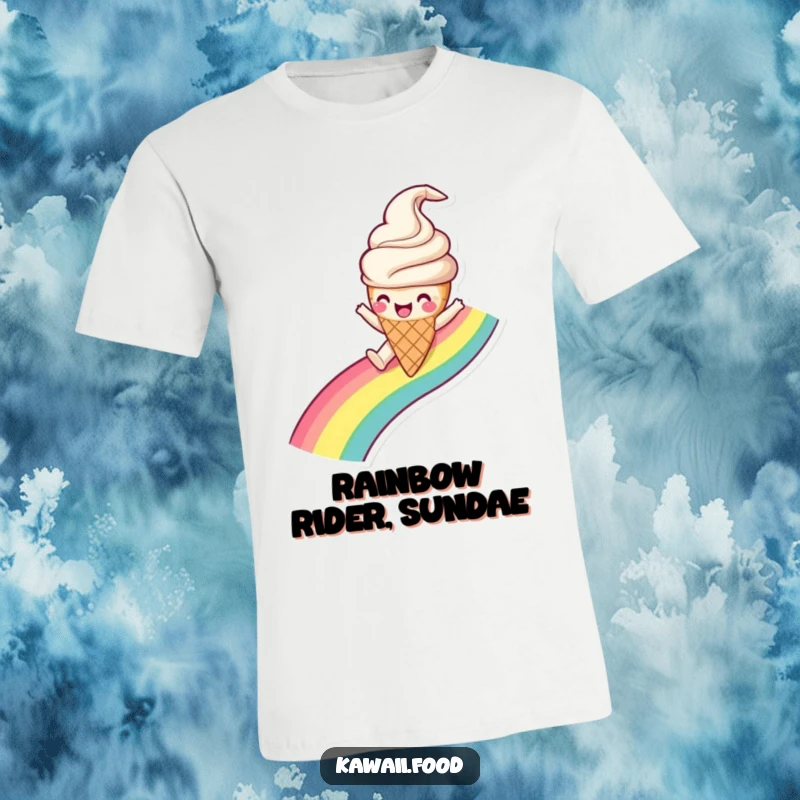 Funny Ice Cream Cone T-Shirt graphic of a happy ice cream character gleefully sliding down a rainbow, a delightful and cheerful gift.