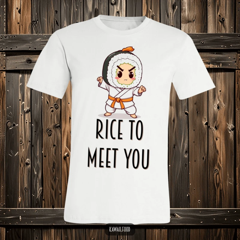 Funny t-shirt showcasing a sushi roll character in a karate belt, executing a powerful chop. Dynamic and humorous.