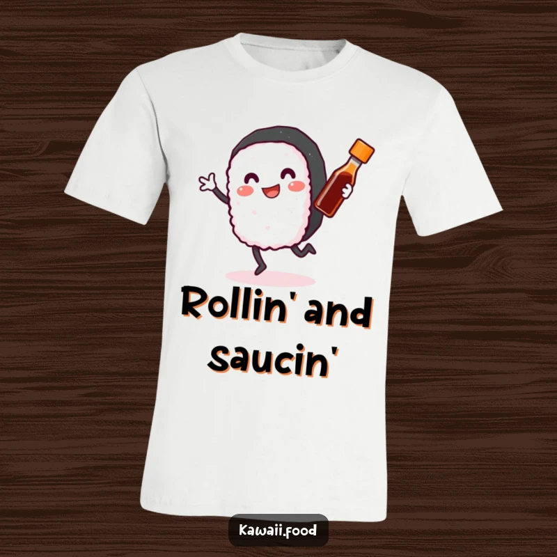 Funny Sushi Roll T-Shirt: A smiling sushi roll with arms and legs dancing energetically with a tiny soy sauce bottle, guaranteed to bring smiles.