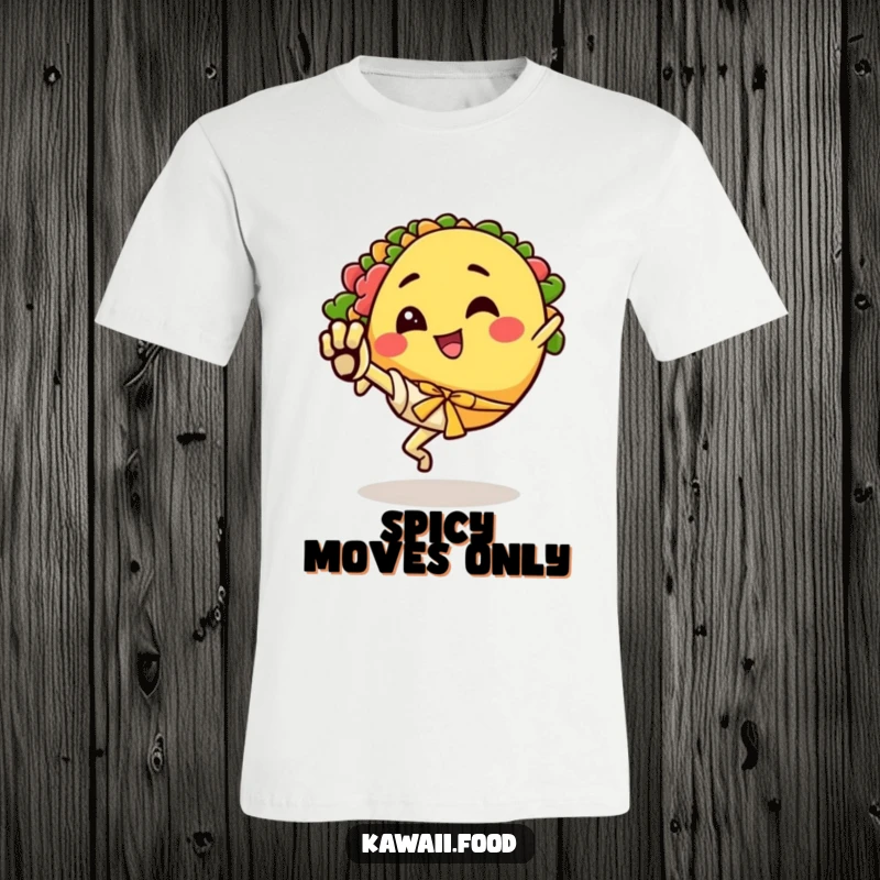 Funny t-shirt with a happy taco character energetically executing a karate kick, showcasing delicious power.