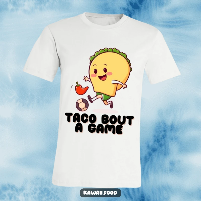 Funny t-shirt featuring a smiling taco character gleefully kicking a small chili pepper soccer ball, celebrating the joy of the game.