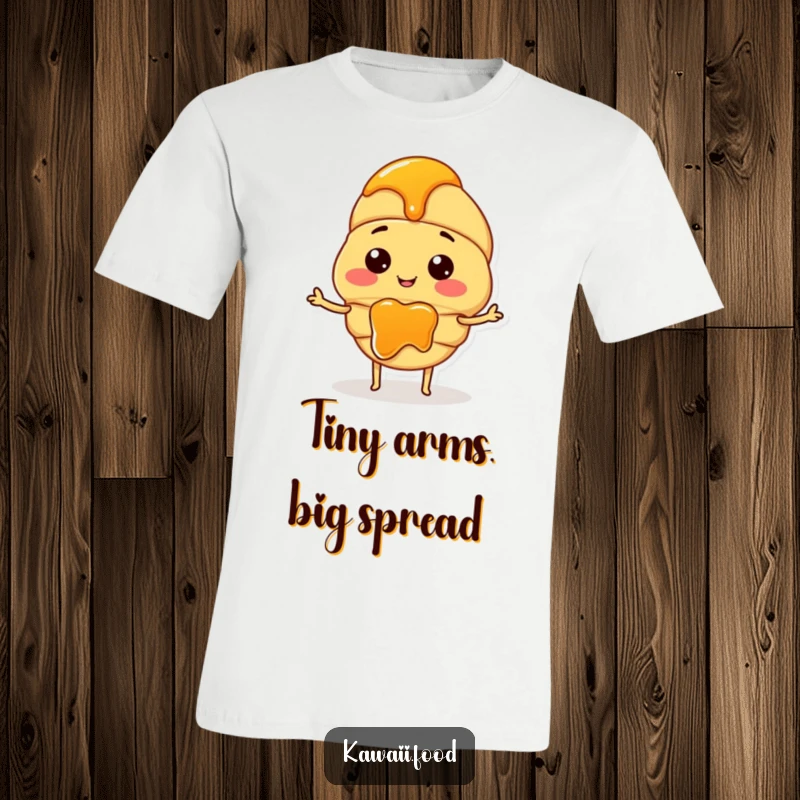 Funny t-shirt showcasing a smiling croissant character with small arms, enthusiastically spreading jam with a joyful expression.
