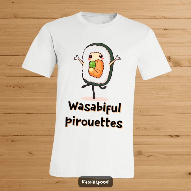 Cheerful sushi roll character with legs performing a pirouette, printed on a soft t-shirt, perfect for graceful individuals.