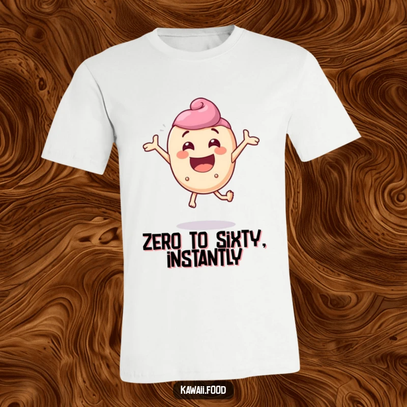 Funny T-shirt featuring a delighted candy character comically bouncing with extreme enthusiasm, radiating pure sugary joy.