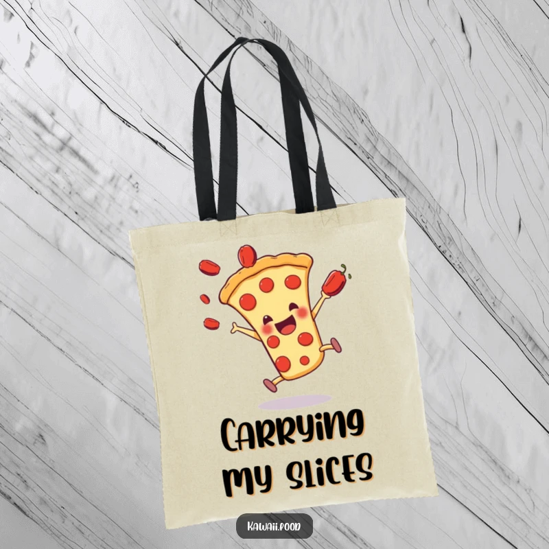 Funny pizza slice character doing a cartwheel with pepperonis flying, on a stylish and sturdy tote bag.