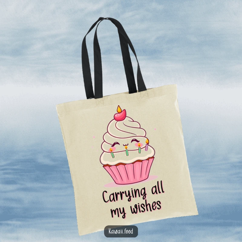 Funny Tote Bag design of an overjoyed cupcake character exhaling small birthday candles, symbolizing joy and celebratory moments.