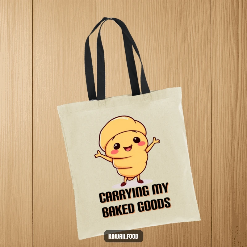 Funny tote bag with a smiling croissant character doing a silly little jig, ideal for carrying treats and smiles.