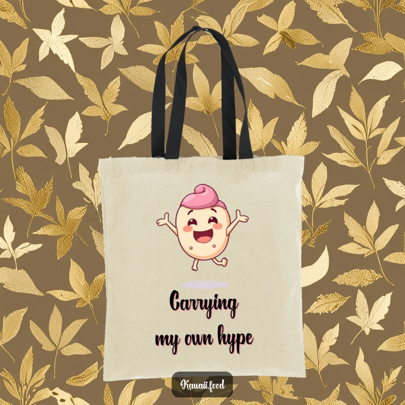 Funny tote bag with a delighted candy character comically bouncing with extreme enthusiasm, perfect for carrying joy and essentials.