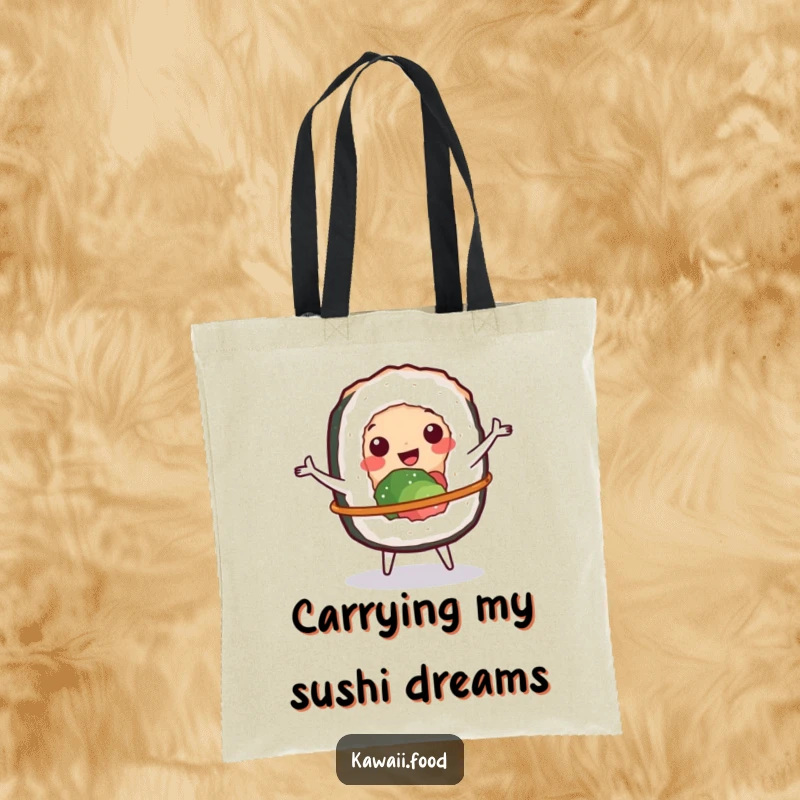 Funny tote bag featuring a cheerful sushi roll character spinning a small hula hoop, perfect for carrying essentials.