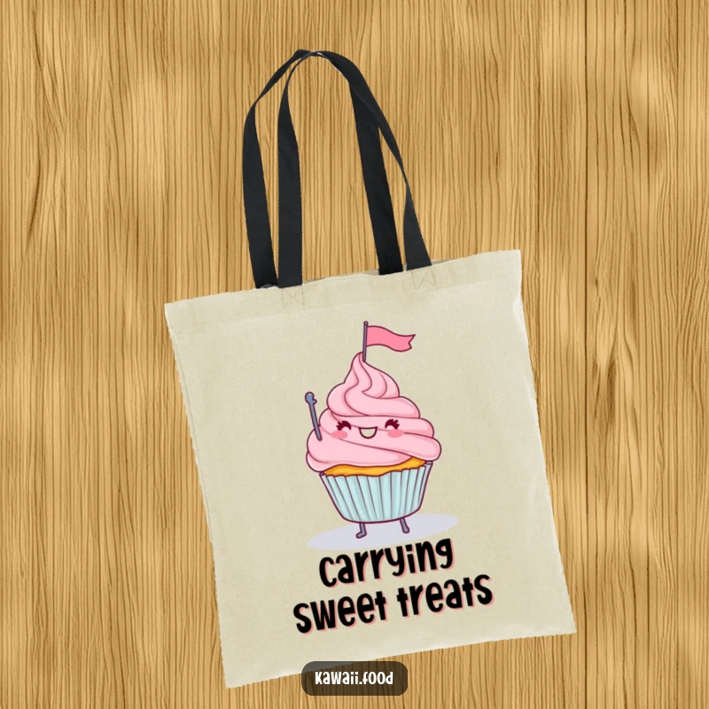Funny tote bag depicting a happy cupcake with legs waving a tiny flag from a frosting mountain, great for shopping and daily use.