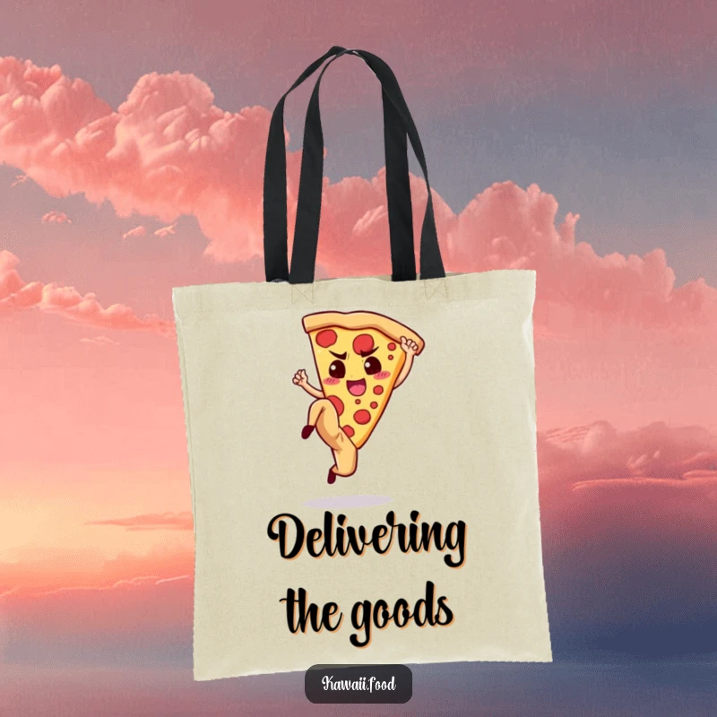 Funny Tote Bag: Illustration of a determined pizza slice executing a high kick, ideal for carrying items with flair.