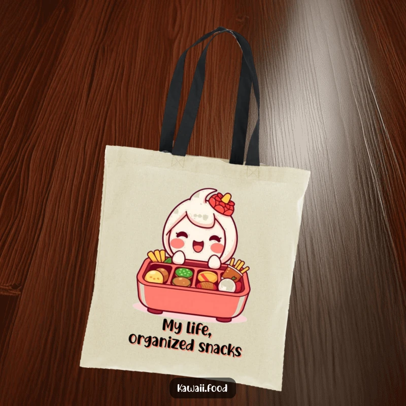 Funny tote bag with a delighted bento box character, its compartments filled with miniature food items, presented happily.