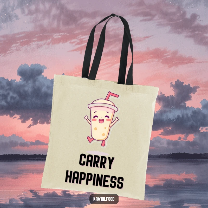 Funny tote bag showing a vibrant bubble tea character doing a joyful jump, celebrating energy and fun with a practical accessory.