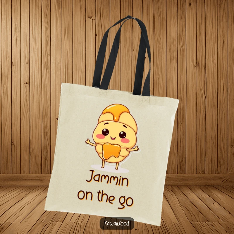 Funny tote bag showcasing a smiling croissant character with small arms, actively spreading jam onto something.