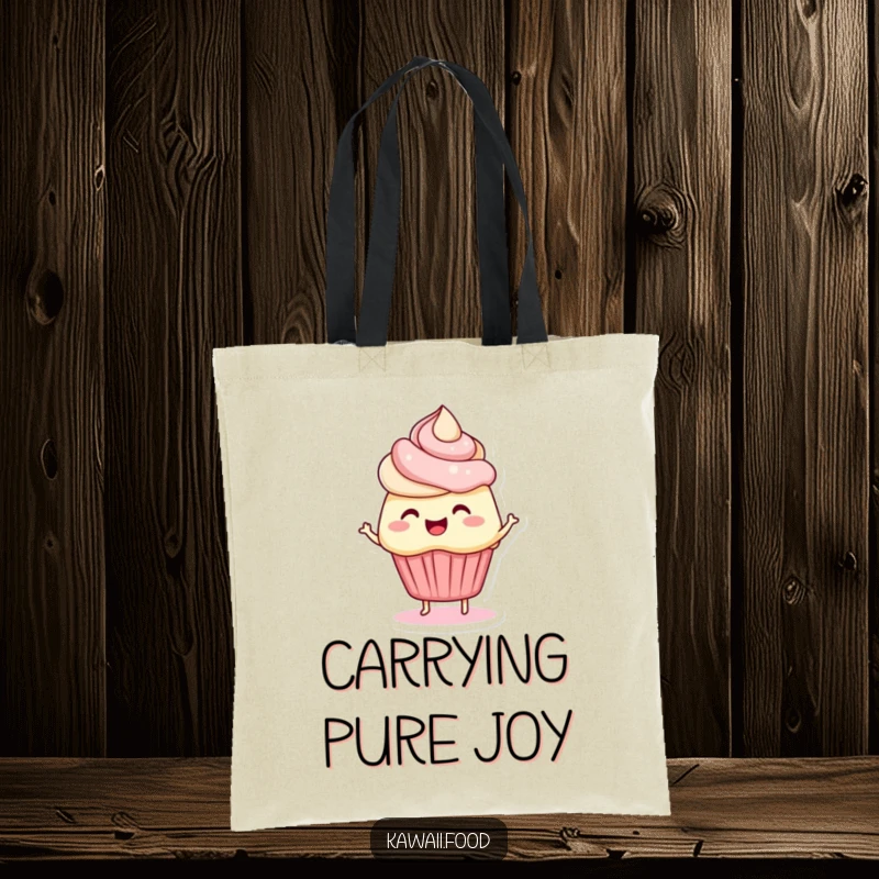 Funny tote bag featuring a 'bouncing cupcake' character with expressive frosting hair, wiggling happily. Perfect for stylish, joyful carrying.