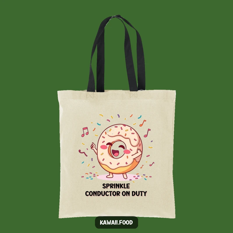 Funny Donut Conductor Tote Bag: Giggling Character Carries Sprinkle Symphony Style