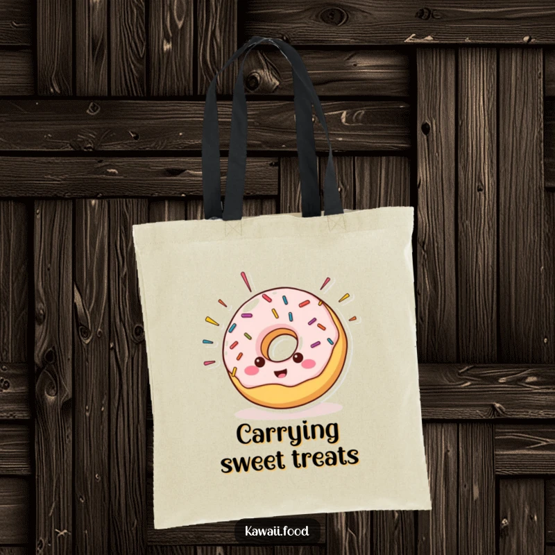 Cheerful donut character with sprinkles flying off its sides, on a durable tote bag for humorous grocery or treat runs.