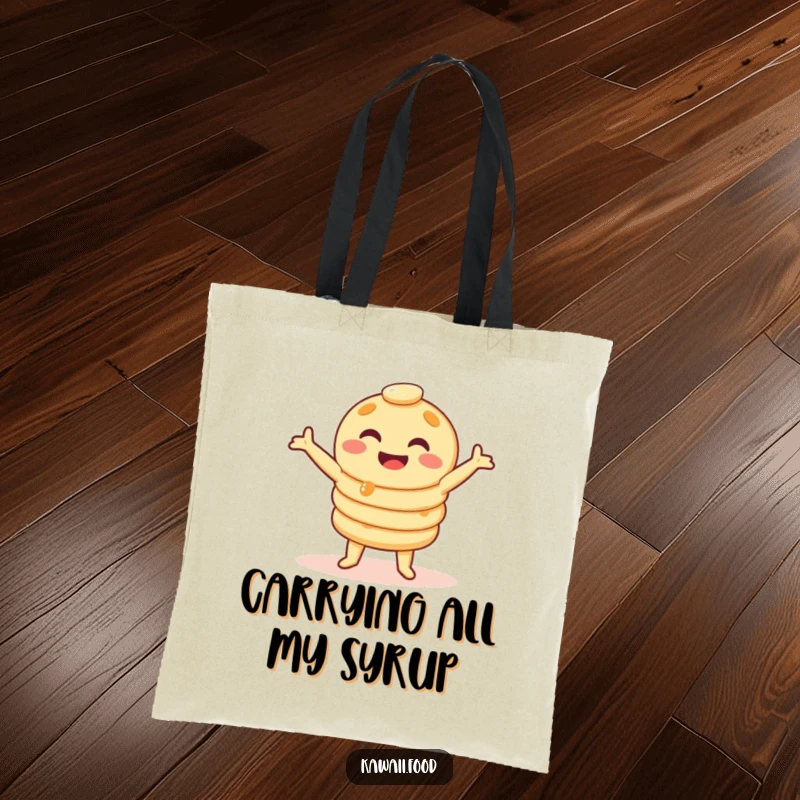 Funny pancake stack tote bag in a silly wobble dance, a giggling breakfast character full of energy, excellent funny gift.