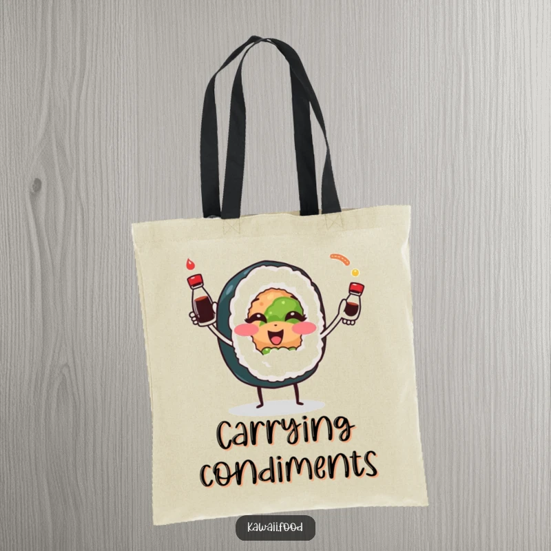 Smiling sushi roll character playfully juggling tiny soy sauce bottles, on a durable tote bag for humorous market trips.