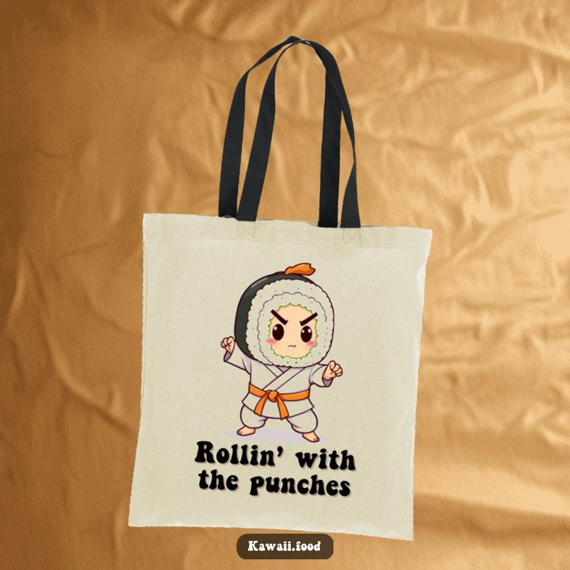 Funny tote bag featuring a sushi roll character in a karate belt, mid-chop motion. Ideal for carrying essentials with flair.