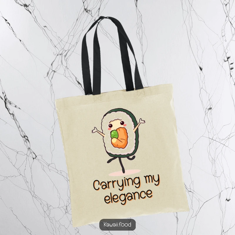Cheerful sushi roll performing a pirouette, on a durable tote bag, a humorous and stylish accessory.