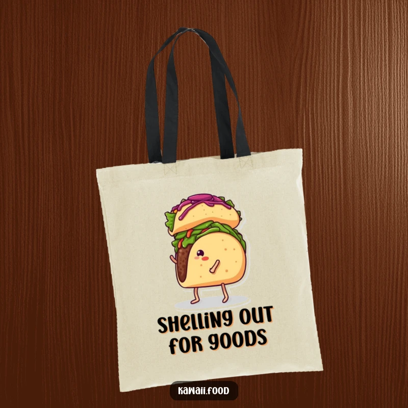 Funny tote bag depicting a taco with legs attempting to balance a burrito on its head, great for grocery runs and more.