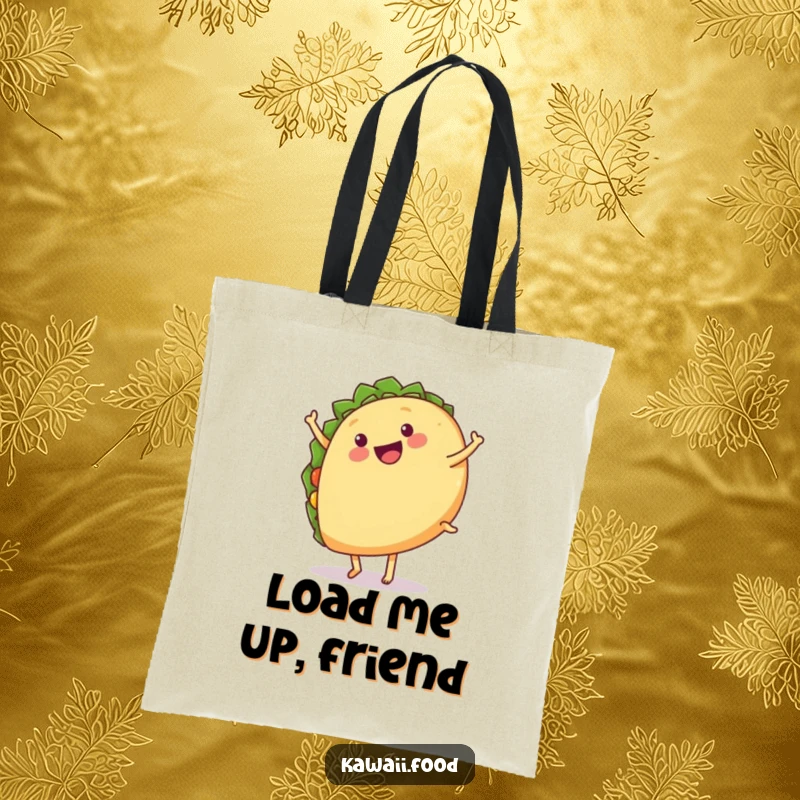 Funny tote bag illustrating a happy taco with legs doing a cartwheel, perfect for carrying essentials with flair.