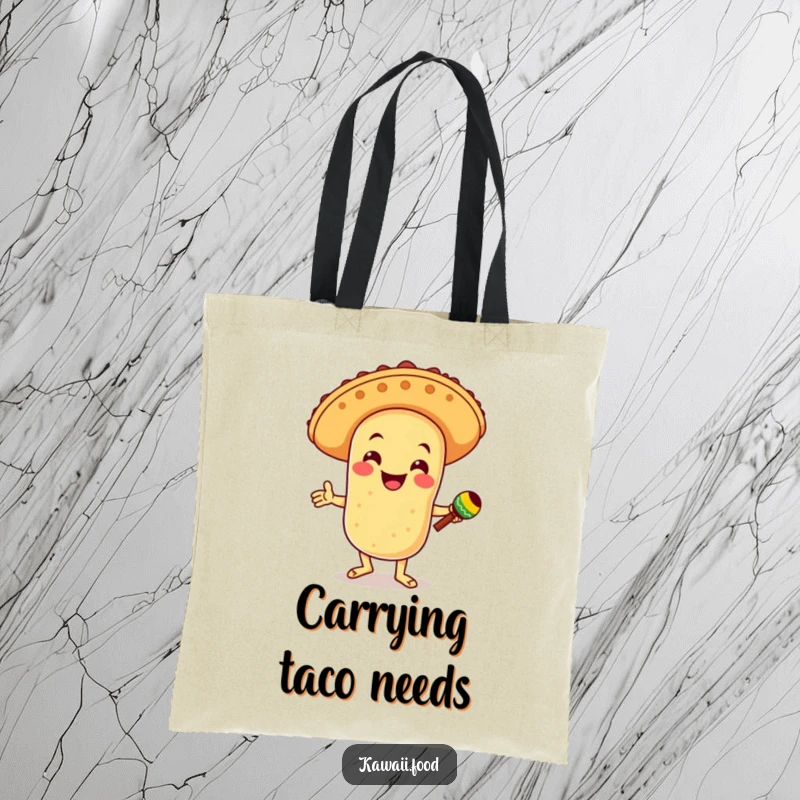 Funny tote bag with a smiling taco character in a sombrero, dancing with maracas, ready to carry your party essentials.