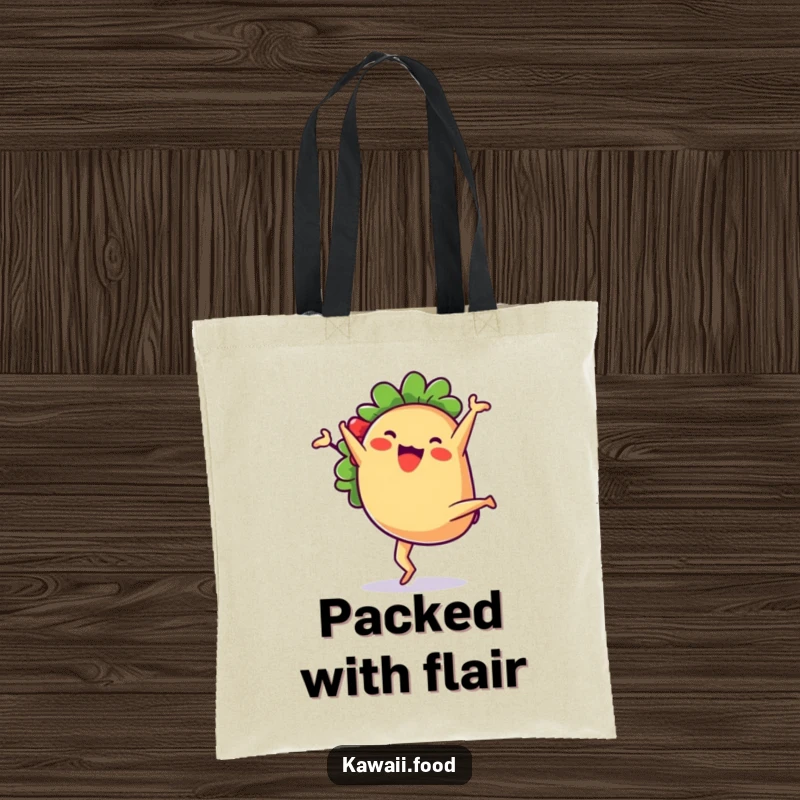 Cute anthropomorphic taco character doing a joyful cartwheel, on a durable tote bag for humorous grocery or market trips.
