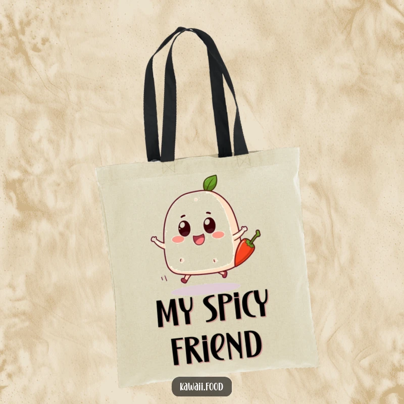 Funny Onigiri Skip Tote Bag: A bouncing onigiri character with big eyes joyfully skipping with a chili pepper, a fun and practical carry-all.