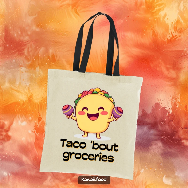 Funny smiling taco character enthusiastically shaking tiny maracas on a tote bag, perfect for carrying items with festive flair.
